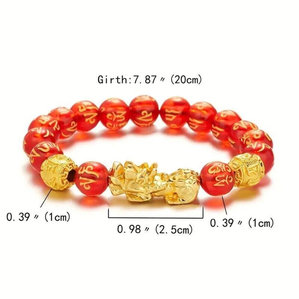 Light Red Bead Pixiu Good luck Bracelet with Dragon Charms
